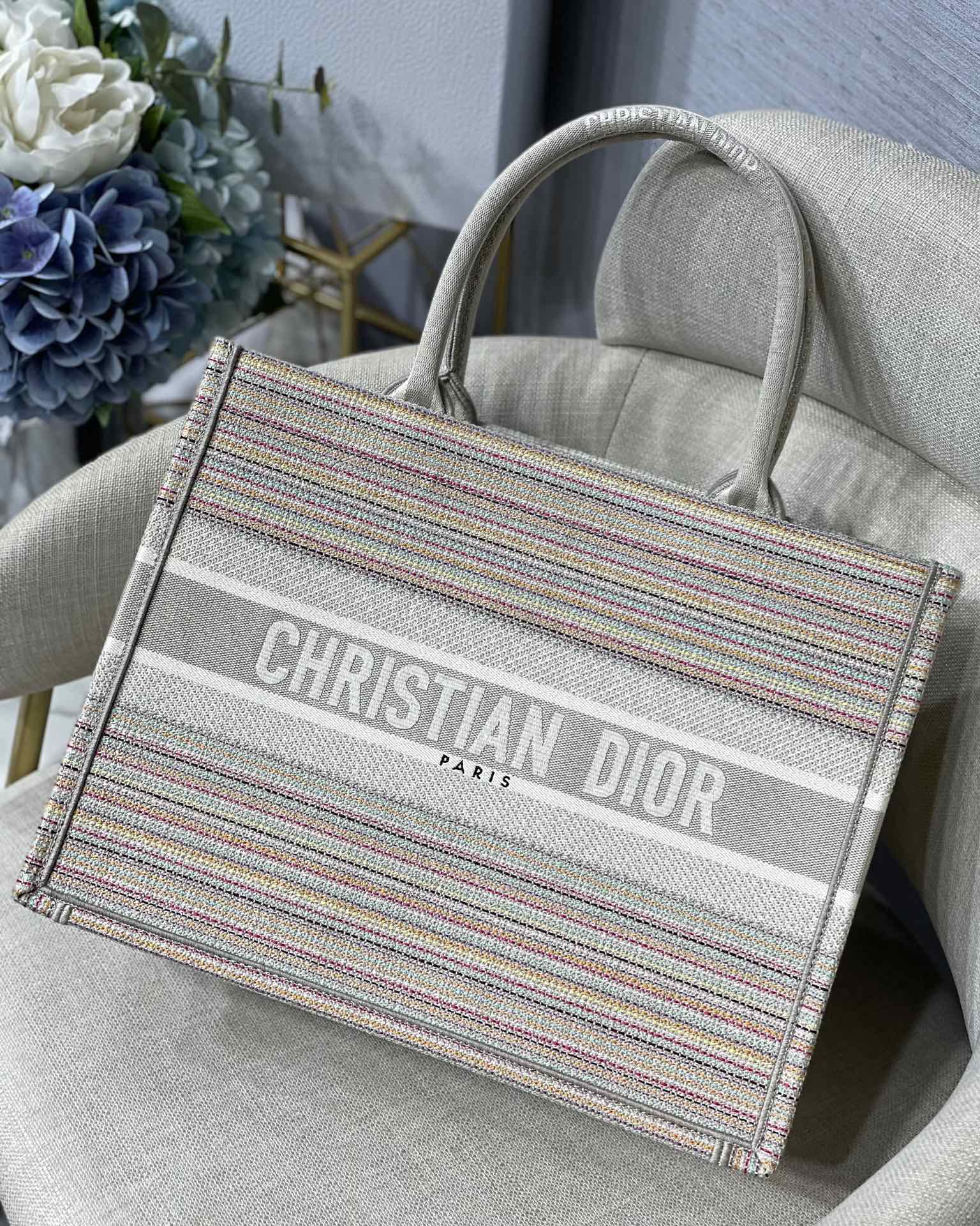 DI Large Book Tote Bag Canvas Stripes Embroidery For Women 42cm/16.5in CD